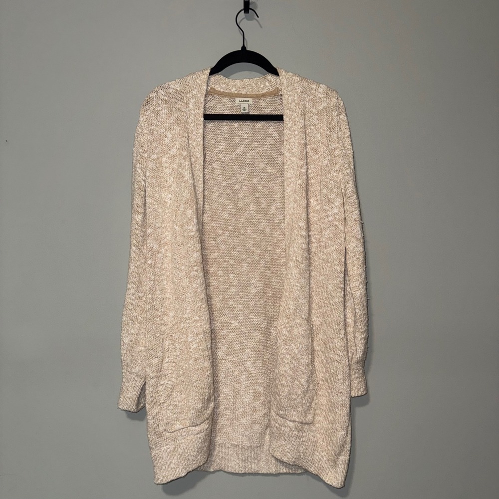 LL Bean Womens Medium Tan White Marled Knit Open Front Longline Cardigan Pockets